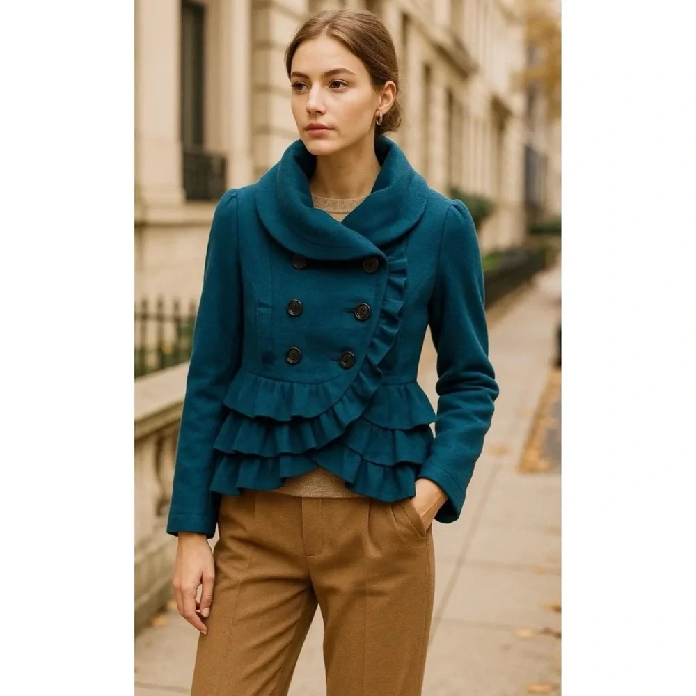 Anthropologie Elevenses Frilled Echelons Peacoat - Picture 3 of 8